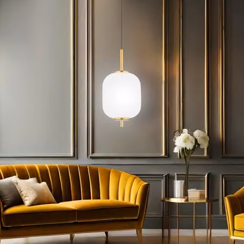 Globo Lighting LED Cylinder Pendant Light in Brass and White Glass with Adjustable Height – 3