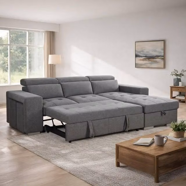 Furnishings For Less UK Astrix Grey Fabric Reversible Corner 3-4 Seater Sofa Bed with Adjustable Headrest and Removable Covers W/D/H: 258 x 165 x 81 cm