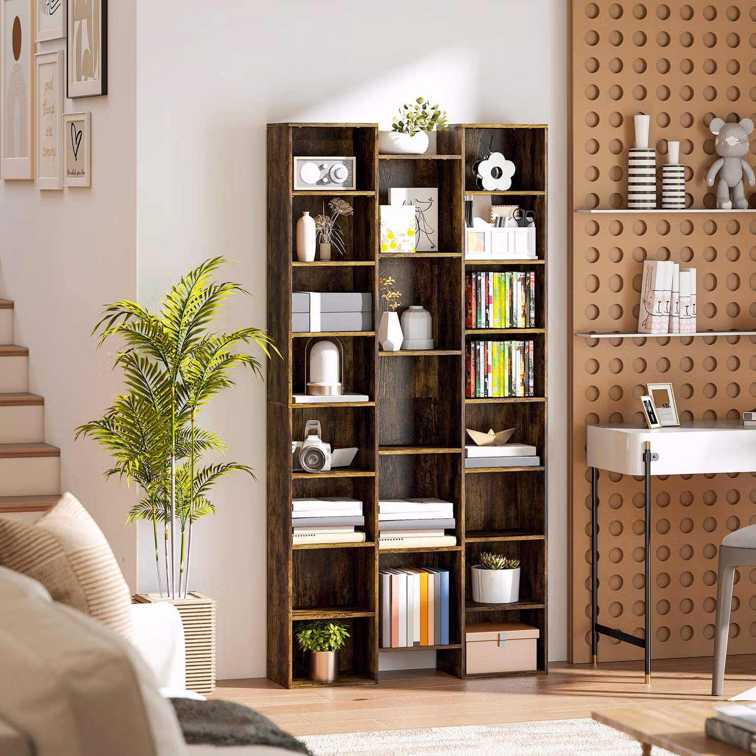 HOMCOM 21-Compartment Modern Brown Wood Cube Bookshelf with Adjustable Shelves and Back Panel – 8