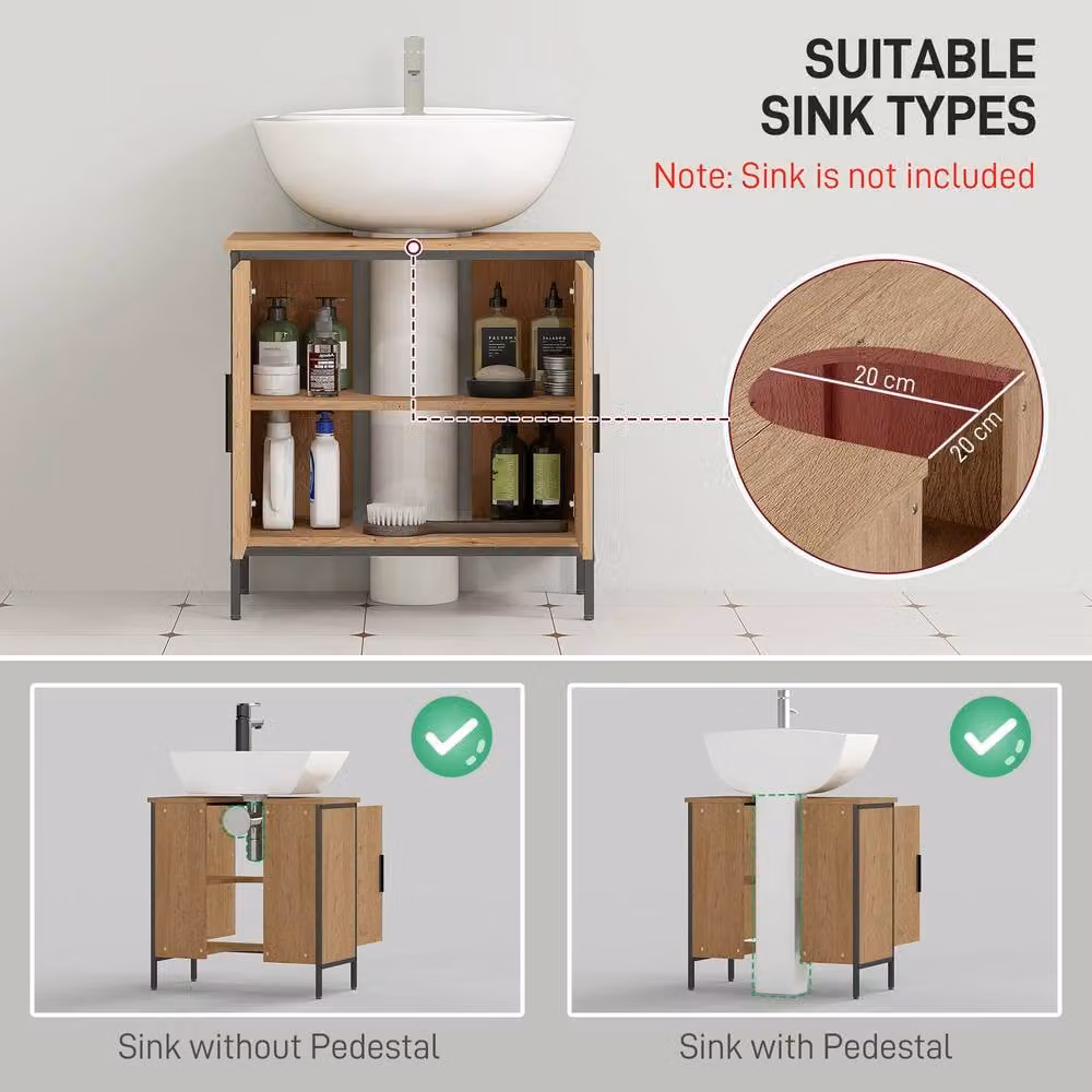 HOMCOM Under Sink Bathroom Cabinet with Hinged Doors and Internal Shelves in Light Oak and Black – 3