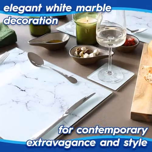 Harbour Housewares 12pc White Marble Effect Glass Placemats and Coasters Set, W/D: 30 x 20 cm – 3