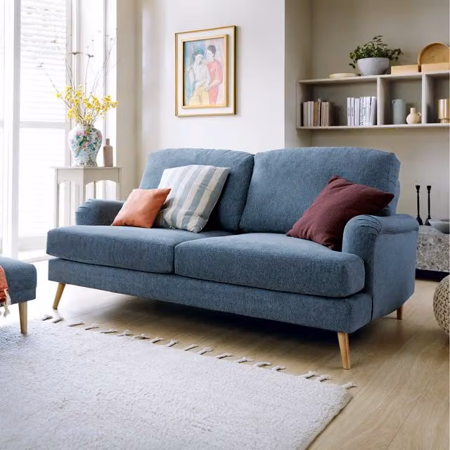 Abakus Direct Harper 3 Seater Mid-Century Upholstered Fabric Sofa in Blue with Removable Covers and Scatter Cushions