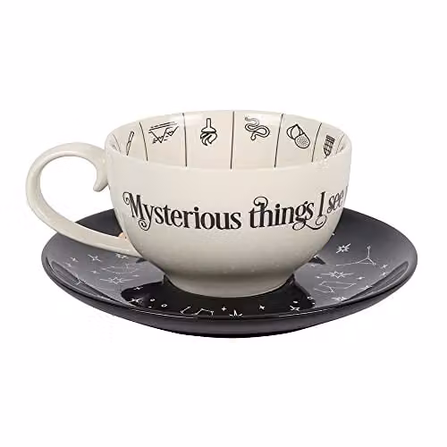 Something Different Ceramic Fortune Telling Teacup and Saucer in Black, White and Gold, H 7.5 cm