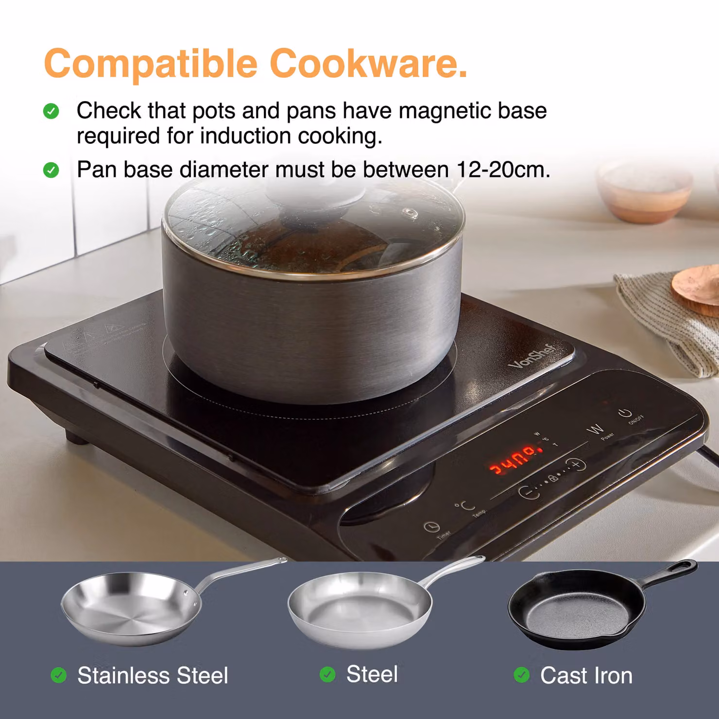 VonShef Single Portable Induction Hob with 2000W Power, LED Digital Display and Timer in Black – 4