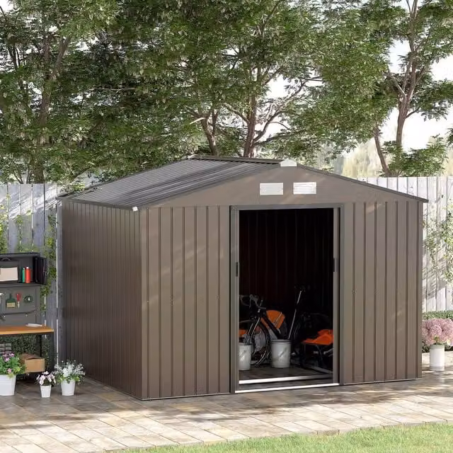 Outsunny Brown Metal Garden Storage Shed with Double Doors and Gable Roof