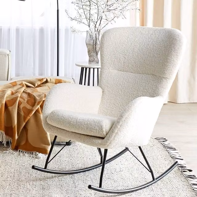 Wyld and Coco Beige Bouclé Rocking Chair with Black Metal Frame and Armrests – 1