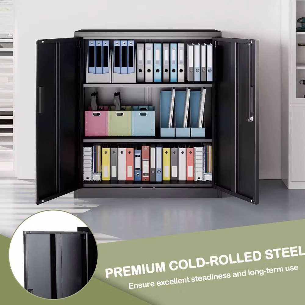 VOGREX Black Metal Freestanding Storage Cabinet with Lockable Hinged Doors and Adjustable Internal Shelves, W/D/H: 80 x 40 x 91 cm – 4