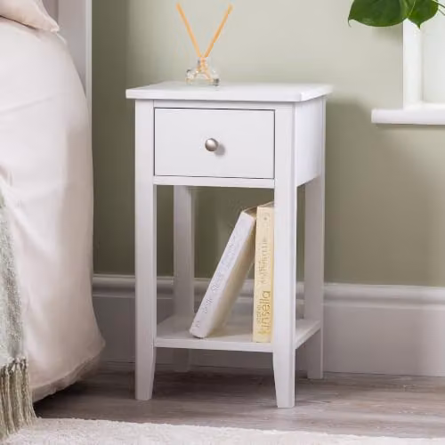CHRISTOW Slim White Bedside Table with Drawer and Shelf