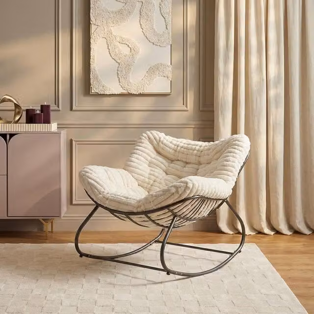 OHS Ribbed Faux Fur Rocking Chair with Upholstered Metal Frame in Cream