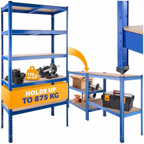 tectake Heavy-Duty 5-Tier Garage Shelving Unit with MDF Shelves, Blue, W/D/H: 180.5 x 90.5 x 40.5 cm – 1