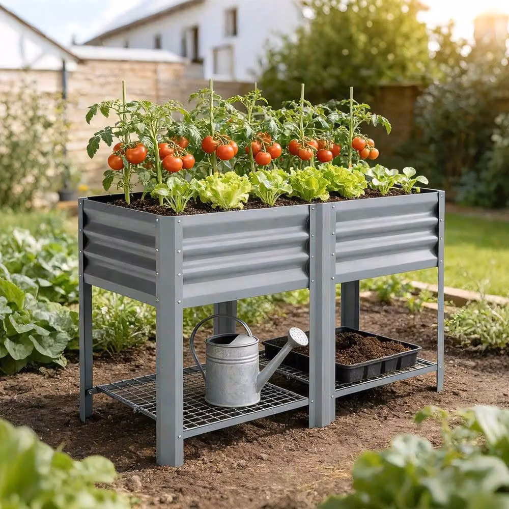 KORVIXA Grey Galvanised Steel Raised Garden Bed with Storage Shelf, W/D/H: 150 x 80 x 55 cm – 5