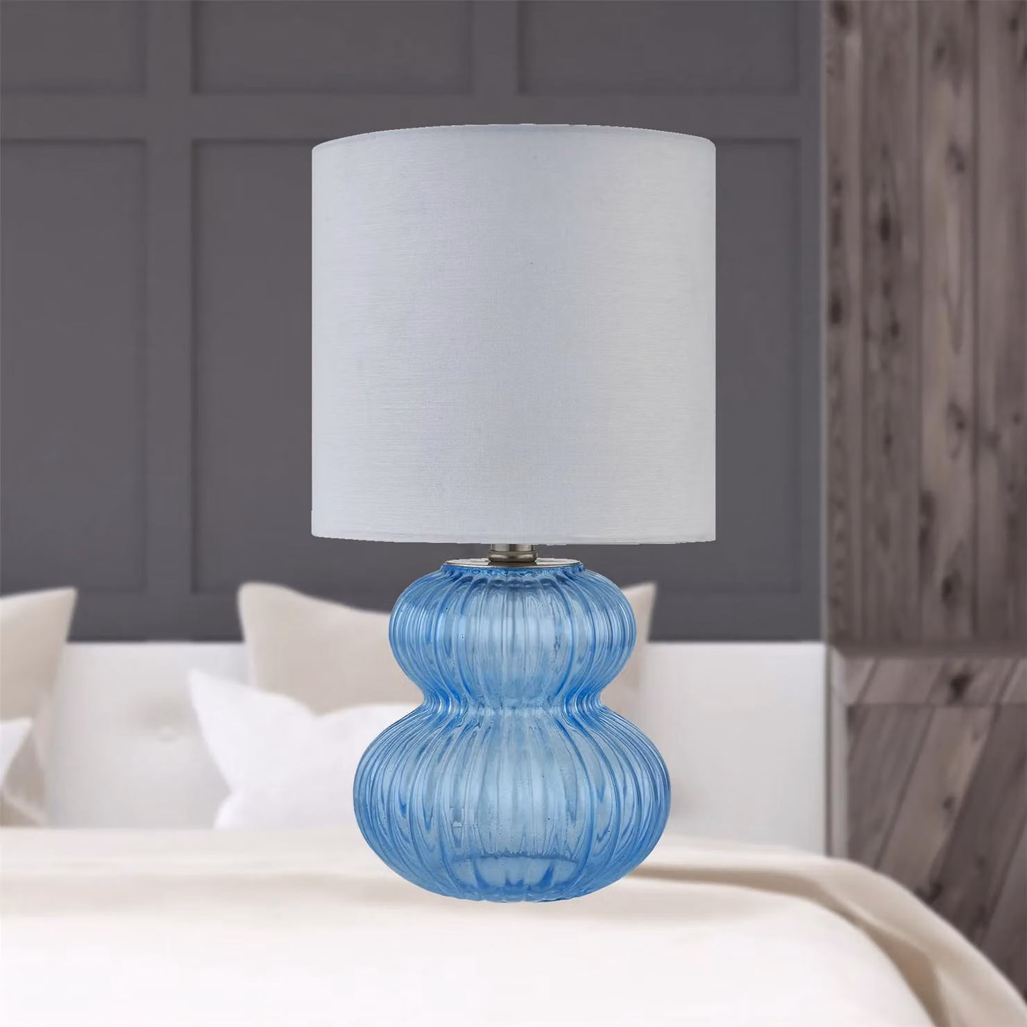 First Choice Lighting Walter Set of 2 Blue Ribbed Glass Table Lamps with White Fabric Shades – 3