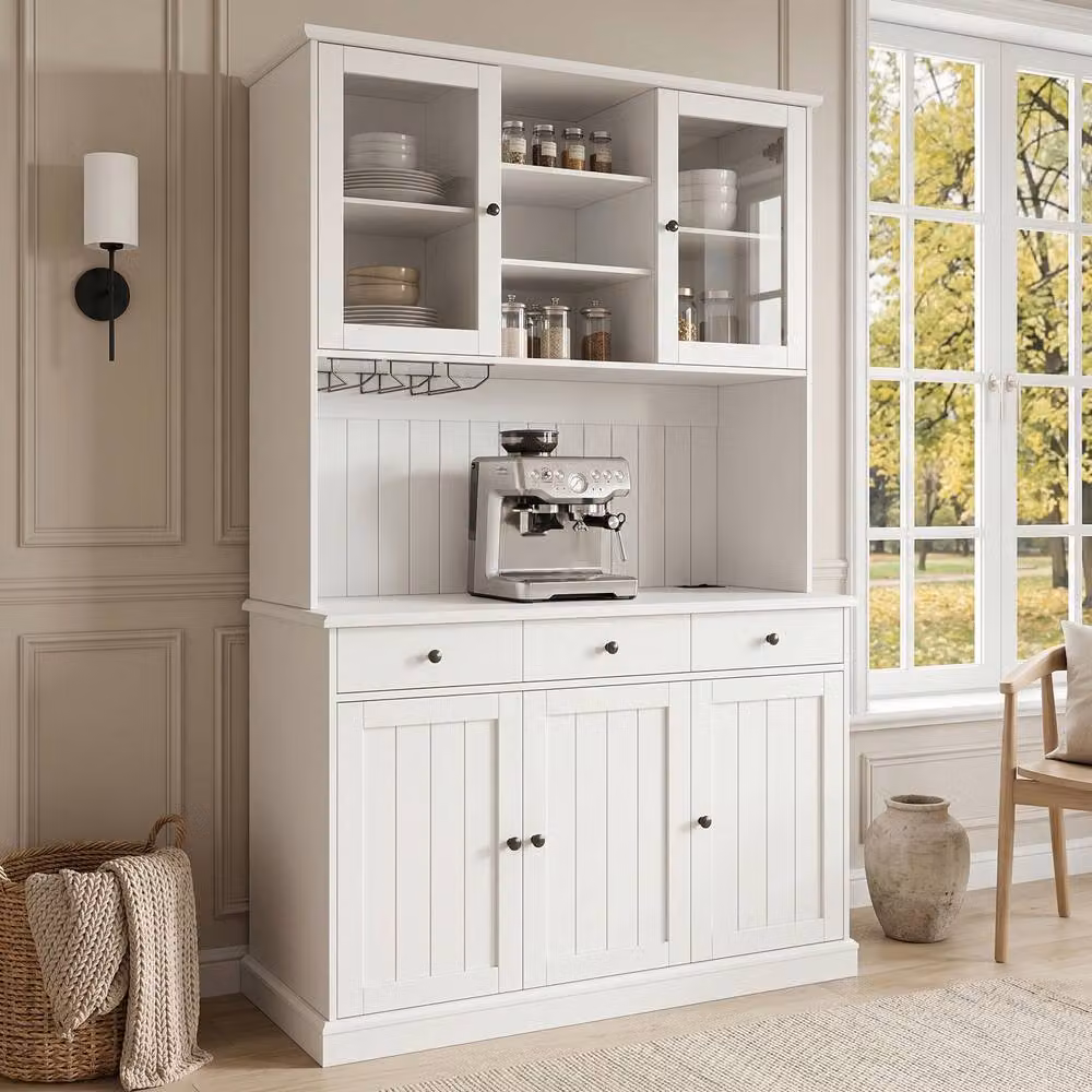 Merax Welsh Dresser Kitchen Cabinet with Charging Station and Glass Holder in White, H 191 x W 120 x D 40 cm – 2