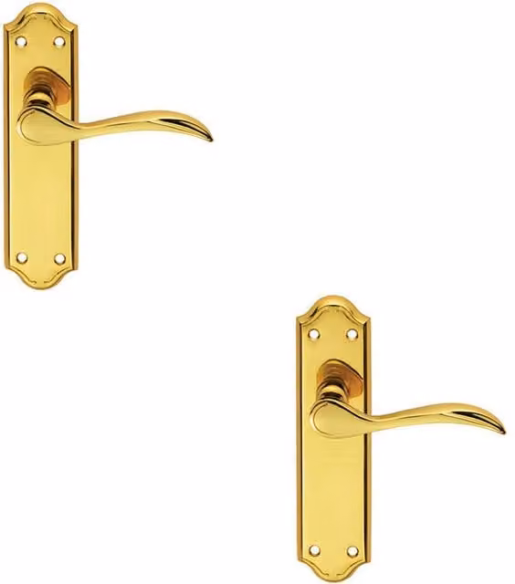 Loops 2x Pair Curved Door Handle Lever on Latch Backplate, Polished Brass, W/H: 180 x 45 mm