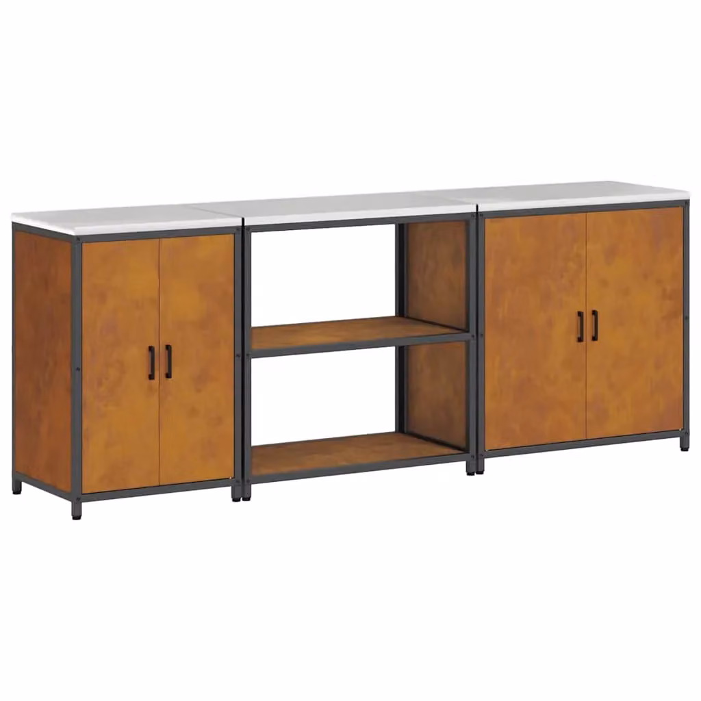 Berkfield Home 3-Piece Industrial Metal Storage Set with Hinged Doors and Internal Shelves in Brown and Black Rusty Weathering Steel – 2