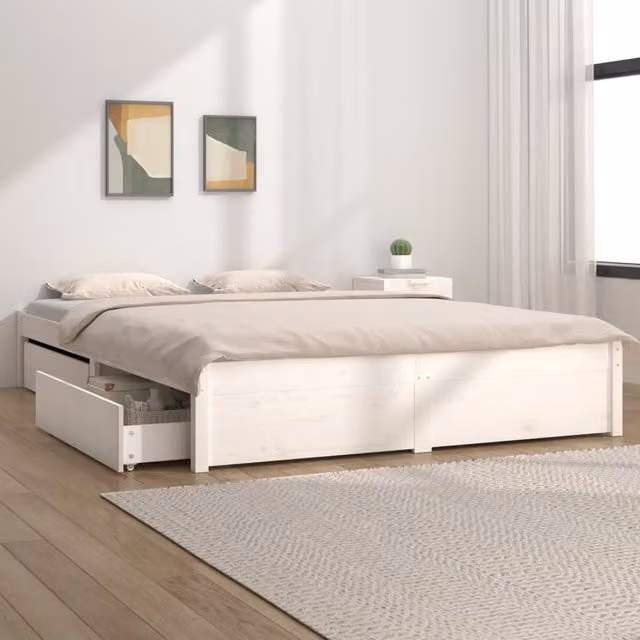 Berkfield Home White Rustic Pine Bed Frame with Drawers W/D/H: 140 x 190 cm