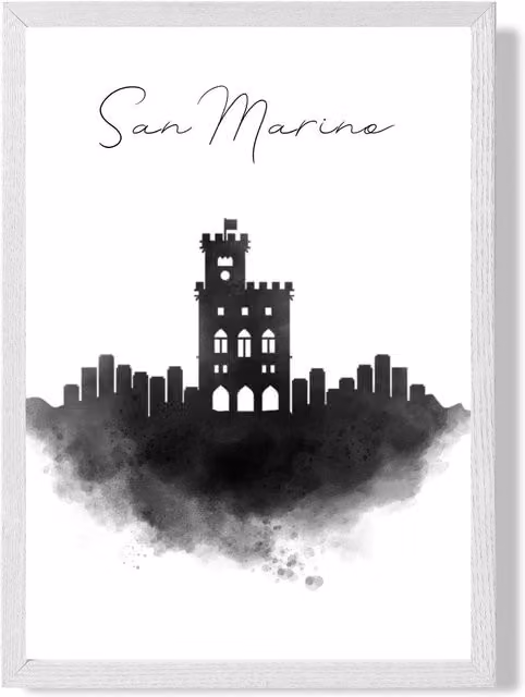 ARTZE San Marino Watercolour Skyline City Framed Print, A4, Black and White – 1