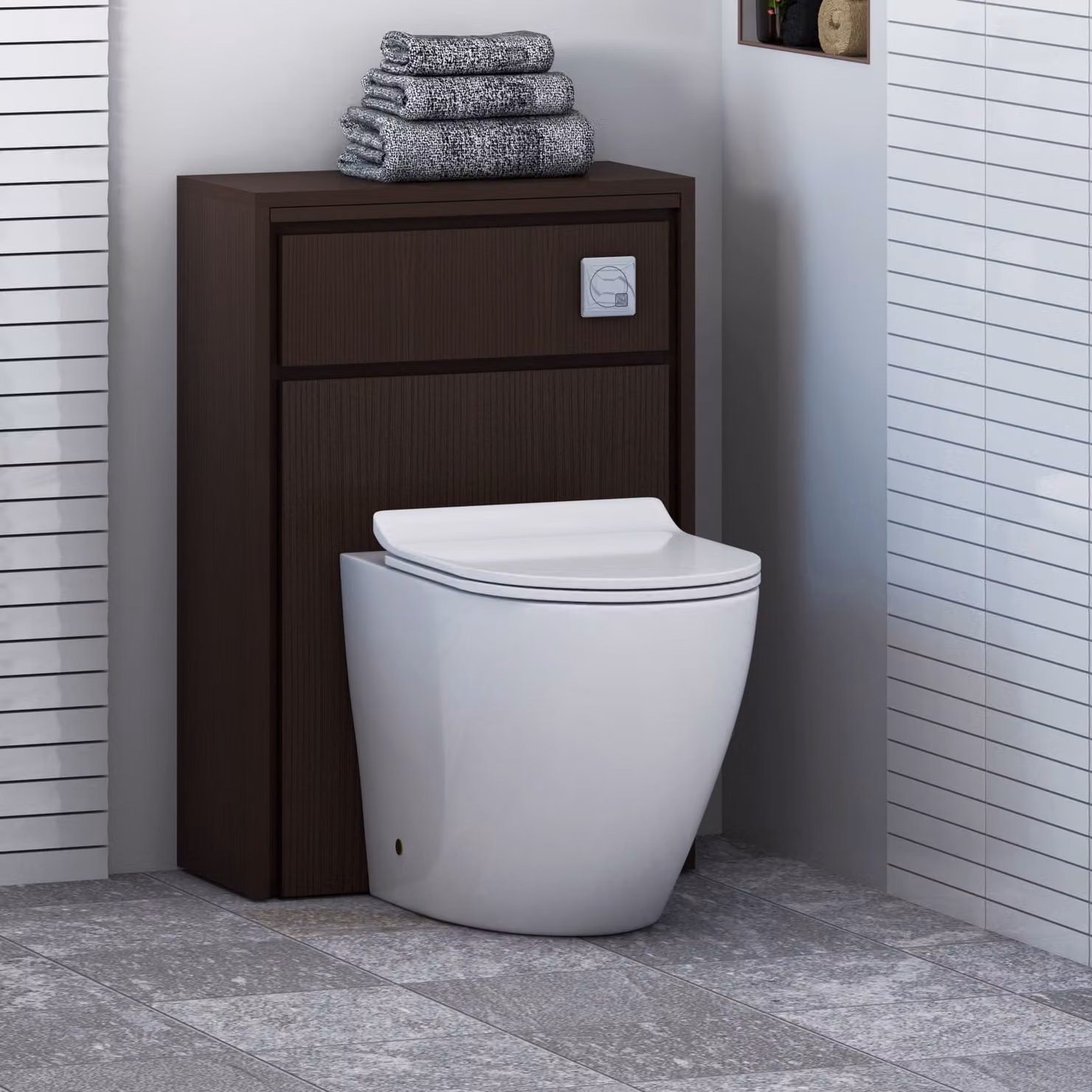 Livora BTW WC Unit with Elva Rimless Toilet Pan, Slim Seat and Cistern in Walnut Woodgrain and White, W: 55.5 cm