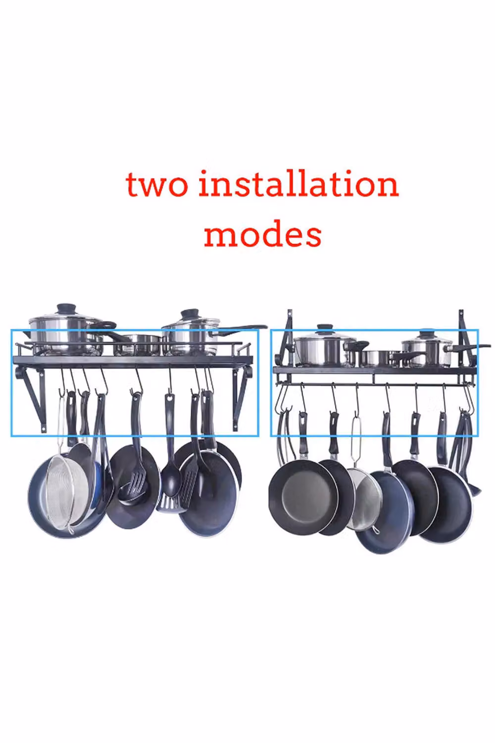 Living and Home Triangle Metal Wall Mounted Saucepan and Pot Rack with Shelf and 10 Hooks, Black, Width: 60 cm – 3
