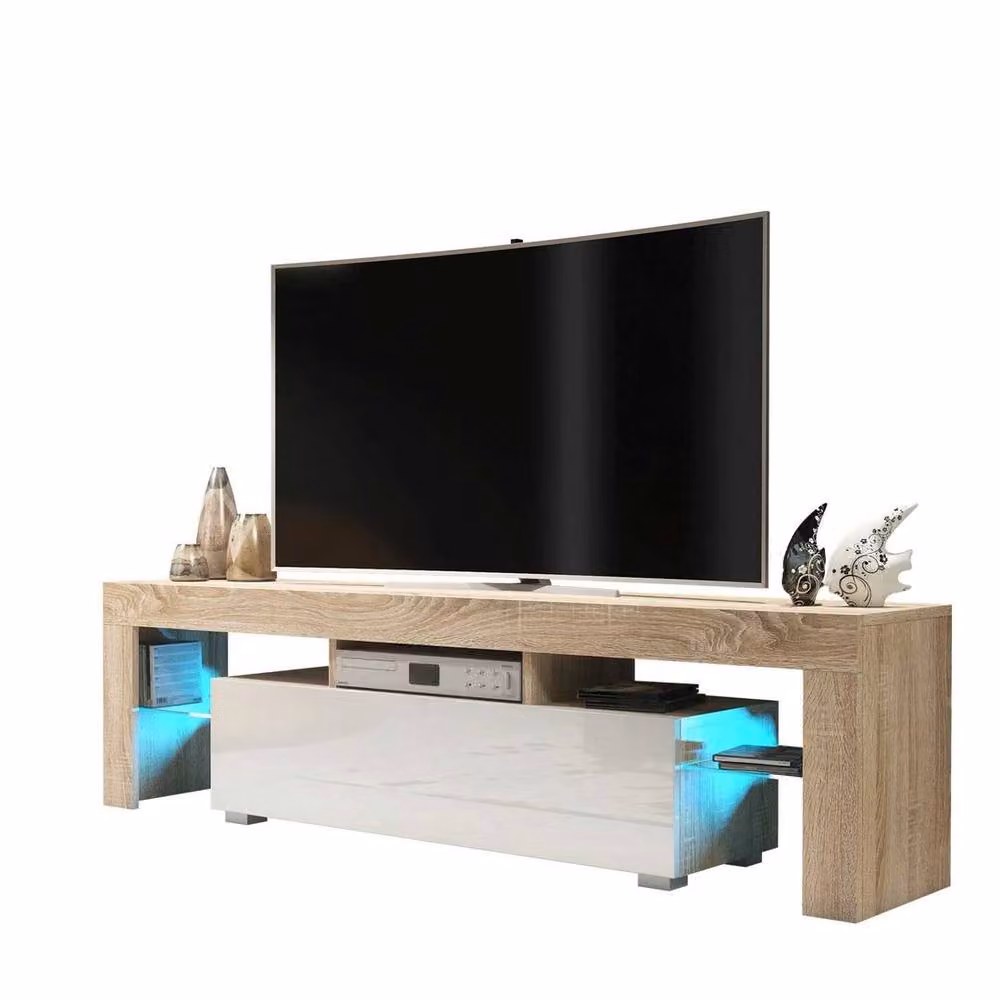 FORGEVIO Modern Oak TV Unit and Sideboard Cabinet in White with Integrated Lighting – 2