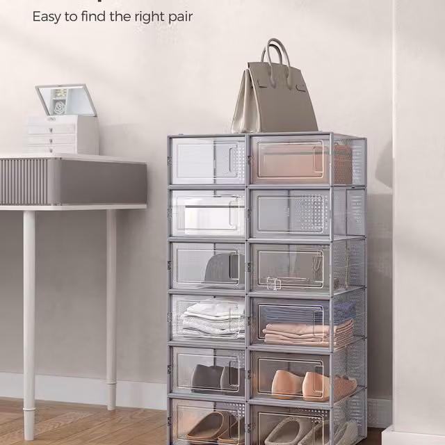 SONGMICS Stackable Transparent Shoe Storage Boxes, Grey, W: 33.4 cm, H: 14 cm, D: 14 cm