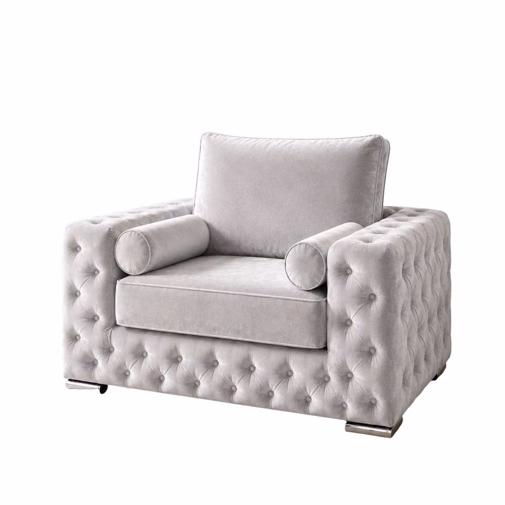 Stratus Interiors Ashley Full Back Chesterfield Plush Velvet Living Room Armchair in Silver – 2