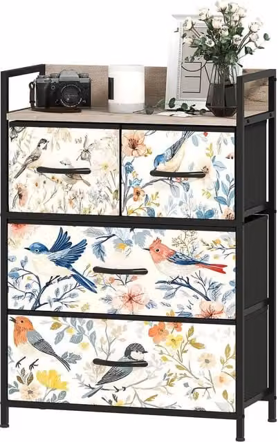 VOGREX Multicolour Floral Fabric 4-Drawer Chest with Metal Frame – 1