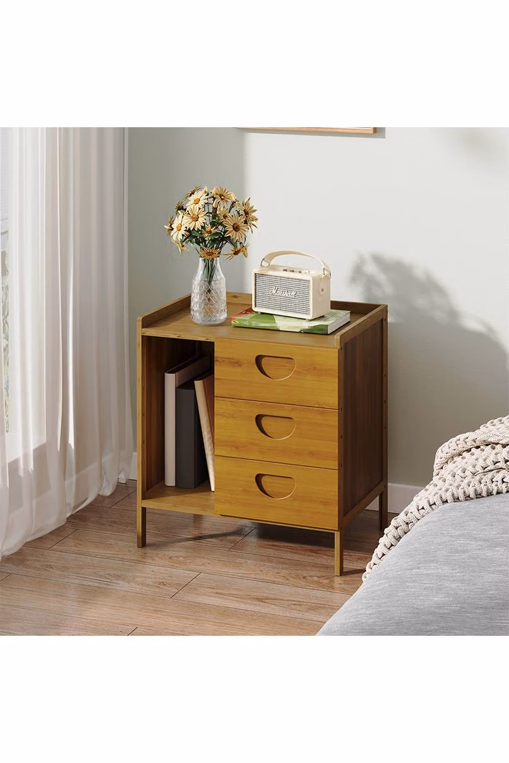 Living and Home Rustic Brown Bedside Table with Three Drawers – 2