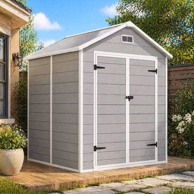STILVORA Garden Shed with Floor, Window and Lockable Double Doors, Grey, W/D/H: 182 x 151 x 219 cm – 1