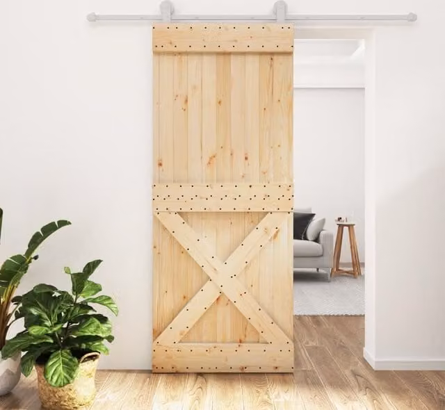 Berkfield Home Rustic Solid Wood Pine Sliding Door with Hardware Set, Brown, W: 85 cm, H: 210 cm