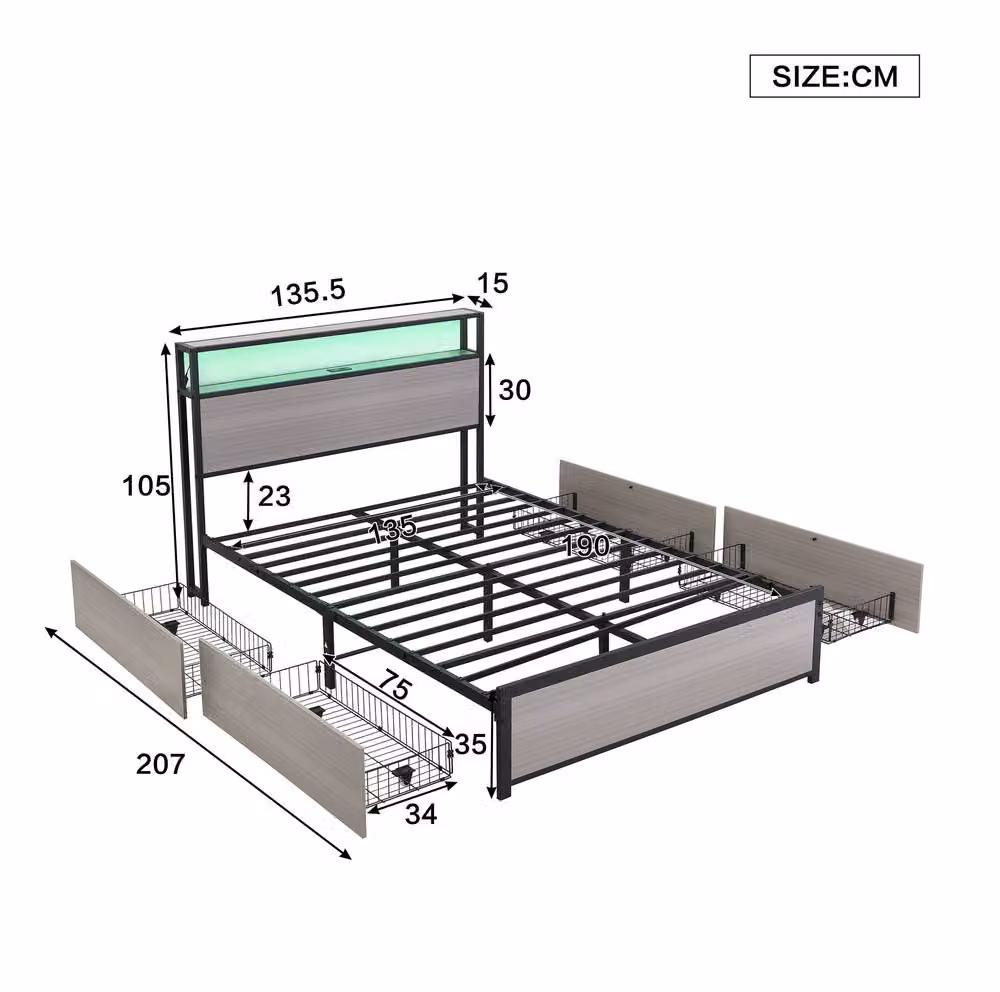 STILVORA Metal 4ft6 Double Bed with 4 Drawers, LED Lighting and USB Charging Port in Grey, W/D/H: 140 x 200 x 135.5 cm – 3