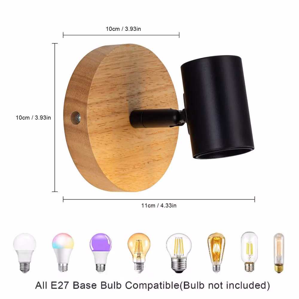 Pheashine Set of 2 Industrial Wood and Metal Wall Sconces in Black and Brown, Height: 11 cm, E27 – 2