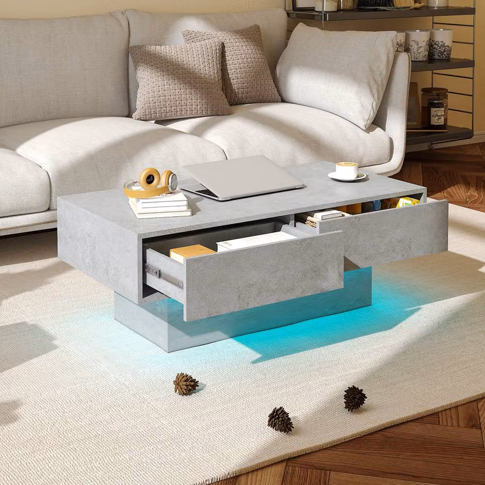 KEEPREAPER Modern Grey LED Coffee Table with 2-Tier Storage, W/D/H: 108 x 55 x 40 cm – 4