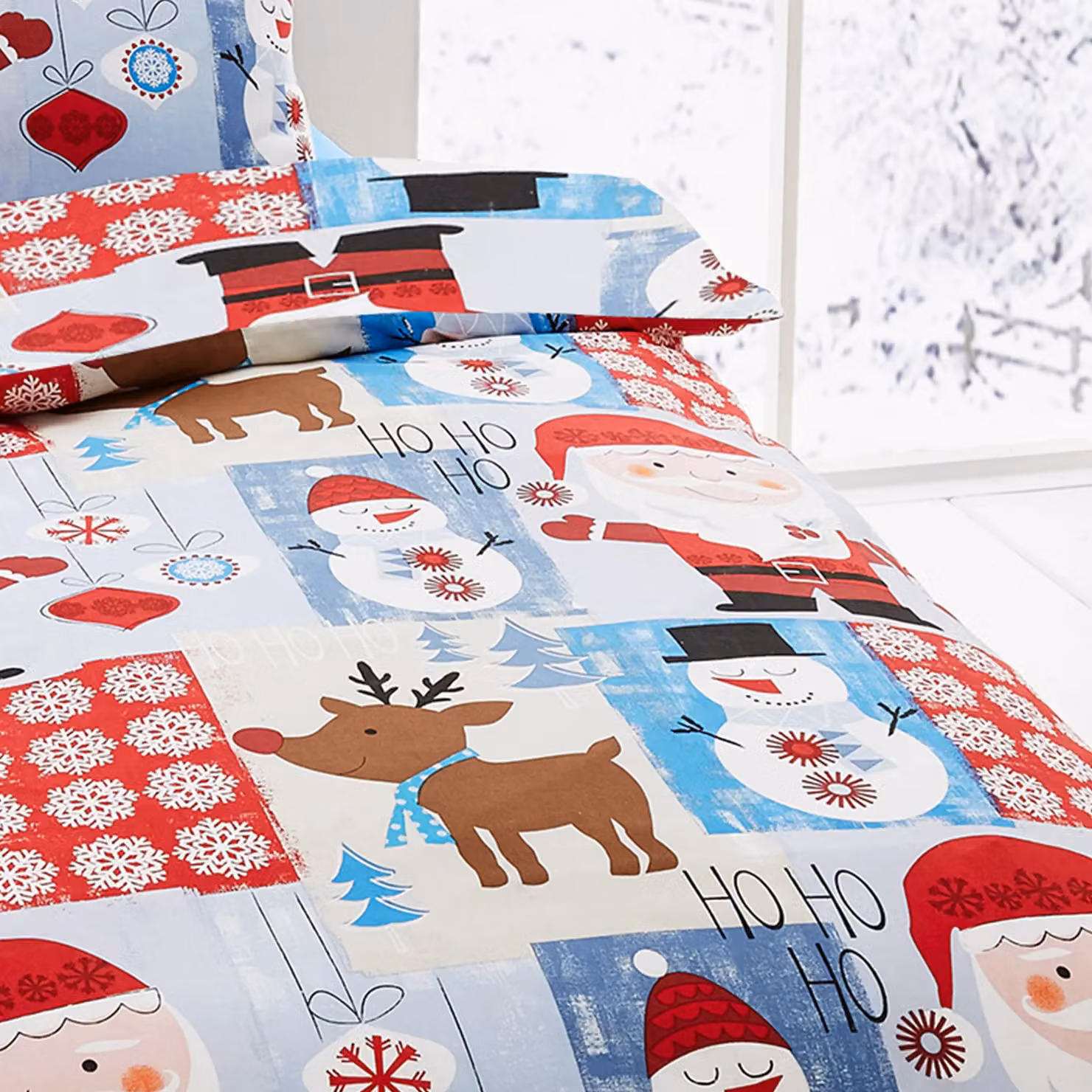 Happy Linen Company Kids Christmas Santa Patchwork Blue Reversible Duvet Cover Bedding Set, Toddler Size – 3