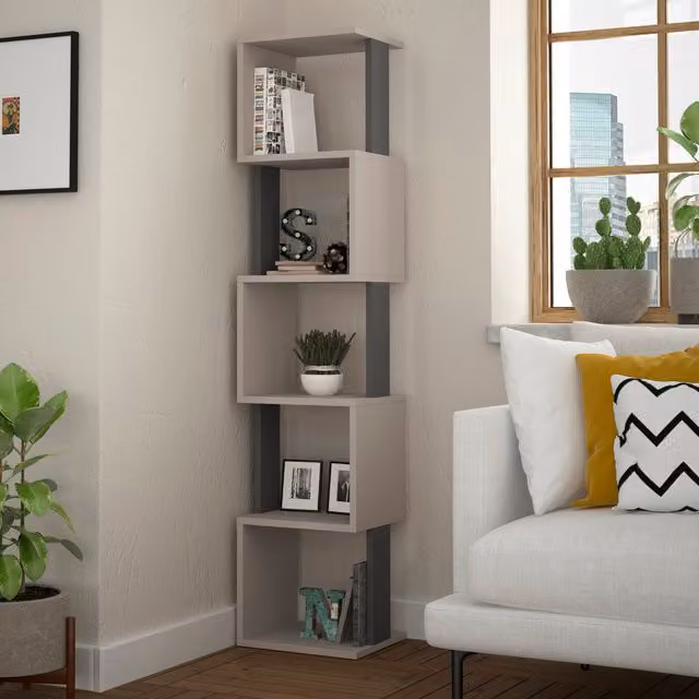 Decortie Piri Modern Five Tier Geometric Bookcase in Anthracite Grey, W/D/H: 30.0 x 14.5 x 161.0 cm