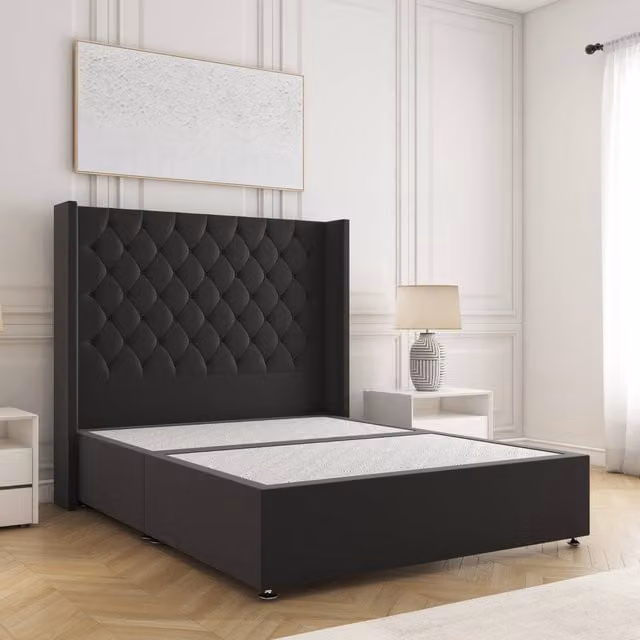 BSSPOKE Winchester Super King Divan Bed in Black Plush Velvet with 54 inch Headboard