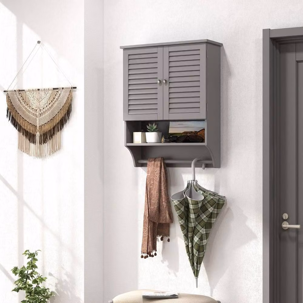 Costway Grey Wall Mounted Wooden Bathroom and Kitchen Medicine Cabinet with 2 Hinged Doors and Internal Shelves – 4