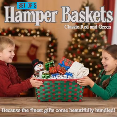 Almineez Set of 2 Bamboo Christmas Hamper Baskets in Red and Green, Rectangular Open Weave Storage Baskets – 4