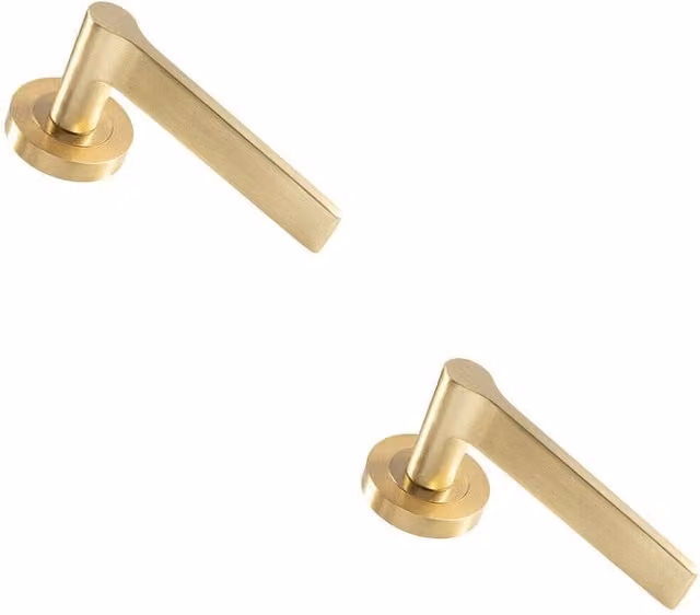 Loops 2x Pair Straight Rounded Handles with Round Rose Concealed Fix in Satin Brass