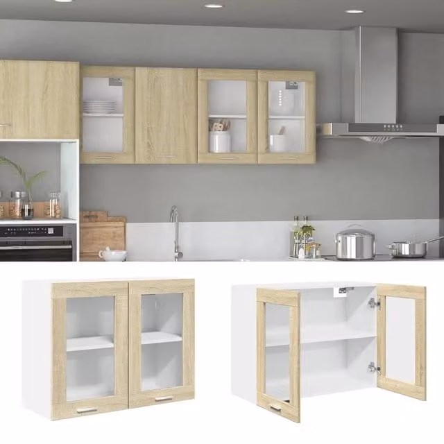 Berkfield Home Lyon Hanging Glass Cabinet in Sonoma Oak Brown, W/D/H: 80 x 31 x 60 cm – 1