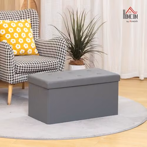 HOMCOM Grey PU Leather Storage Ottoman Bench and Folding Footrest Stool, W/D/H: 76 x 38 x 38 cm – 2
