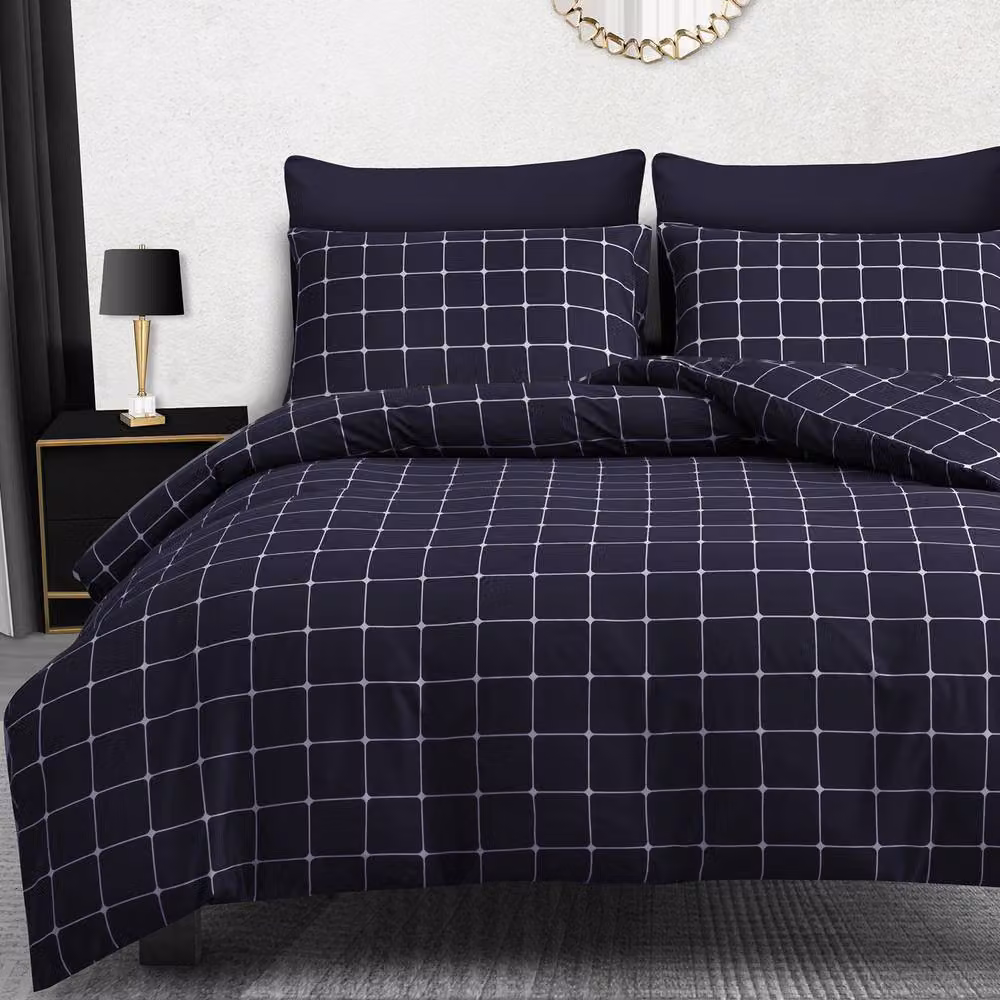 Pamposh Reversible Checked Microfibre Duvet Cover Set in Navy Blue, W: 180 cm, H: 200 cm – 2