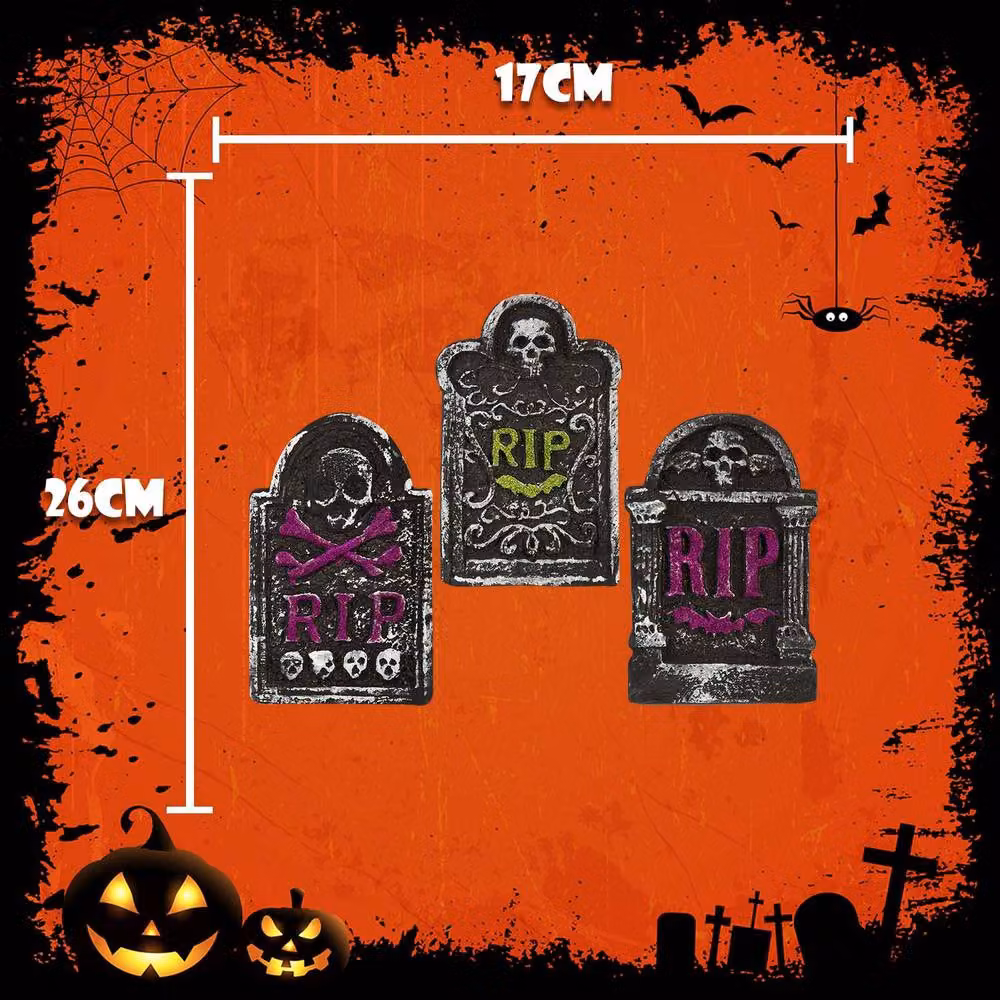 VFM e-Store Halloween RIP Tombstone Set with Green Bats, Skulls and Purple Bats, 3 Pack, Grey – 2