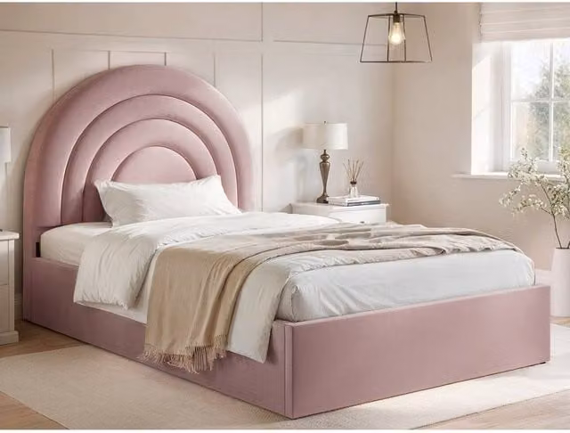 Flair Ava Small Double Ottoman Bed in Pink, Upholstered Bouclé and Velvet with Lift Up Base, W/D/H: 120 x 200 cm