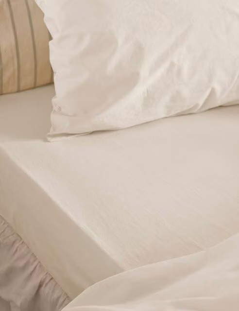 Piglet In Bed Washed Cotton Percale Fitted Sheet, Beige, W: 180 cm, D: 200 cm