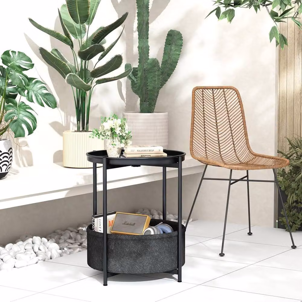 Huhote Round 2-Tier Side Table with Fabric Basket in Black – 6