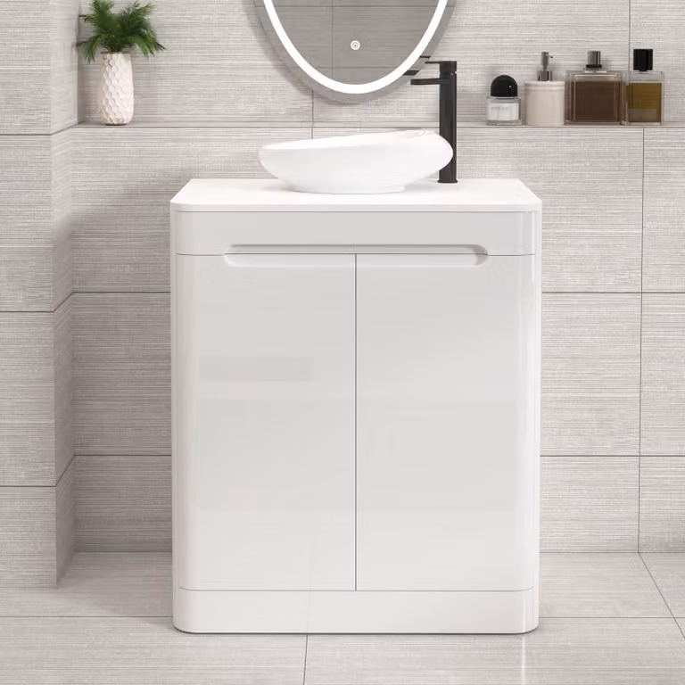 Royal Bathrooms Venice 700mm Gloss White Floor Standing 2 Door Vanity Unit with Nova Basin and Plain White Worktop