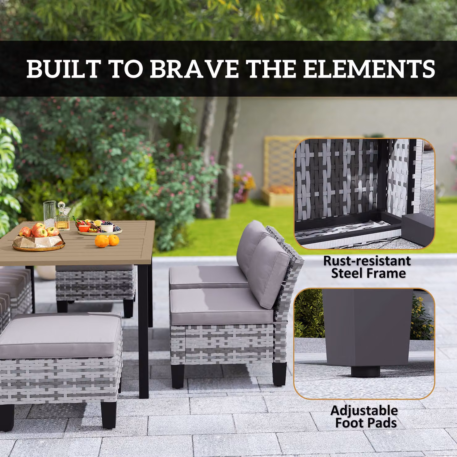 Outsunny 7-Piece Rattan Garden Dining Set in Grey with 6 Seater Wicker Furniture, Slatted Metal Top Table and Seat and Back Cushions – 5