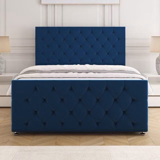 BSSPOKE Maya King Size Divan Bed Set with 24 inch Headboard and Mattress in Blue Plush Velvet, W/D/H: 180 x 200 cm – 1