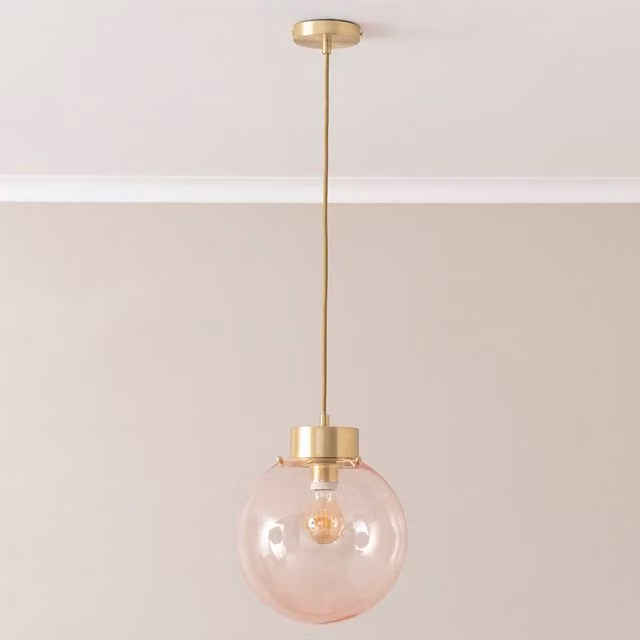 Frenchie Pink Glass Globe Capped Ceiling Pendant Light in Brushed Gold